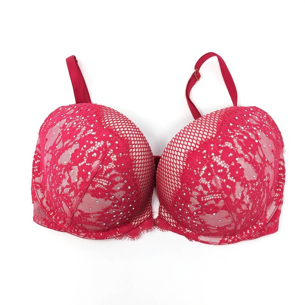 Victoria's Secret Bra 32DD Very Sexy Push Up Hot Pink Lace Rhinestone Barbie